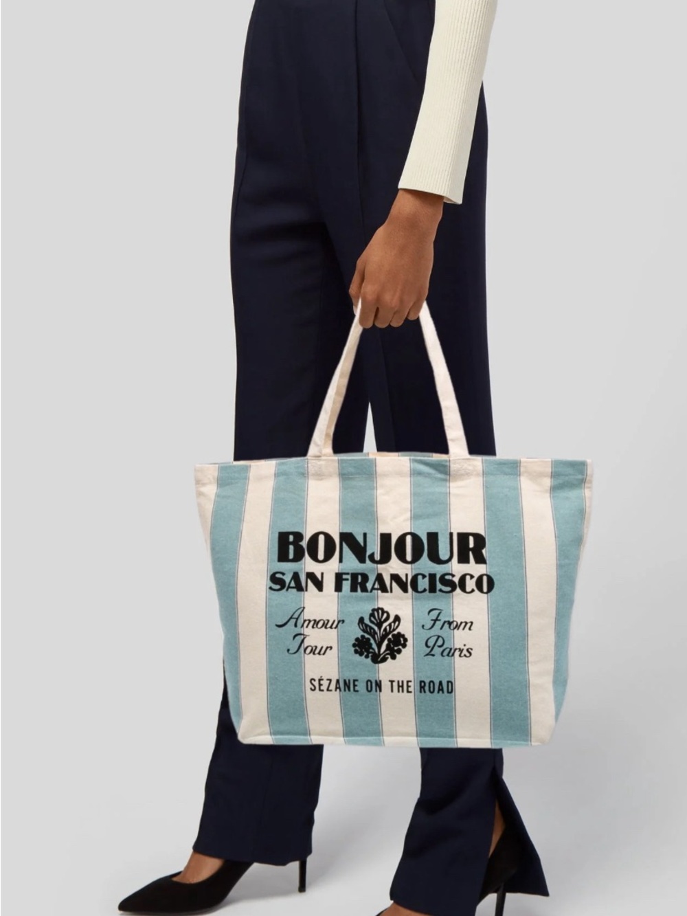 Sezane Striped Tote in Light Blue and Cream with Bonjour Graphic